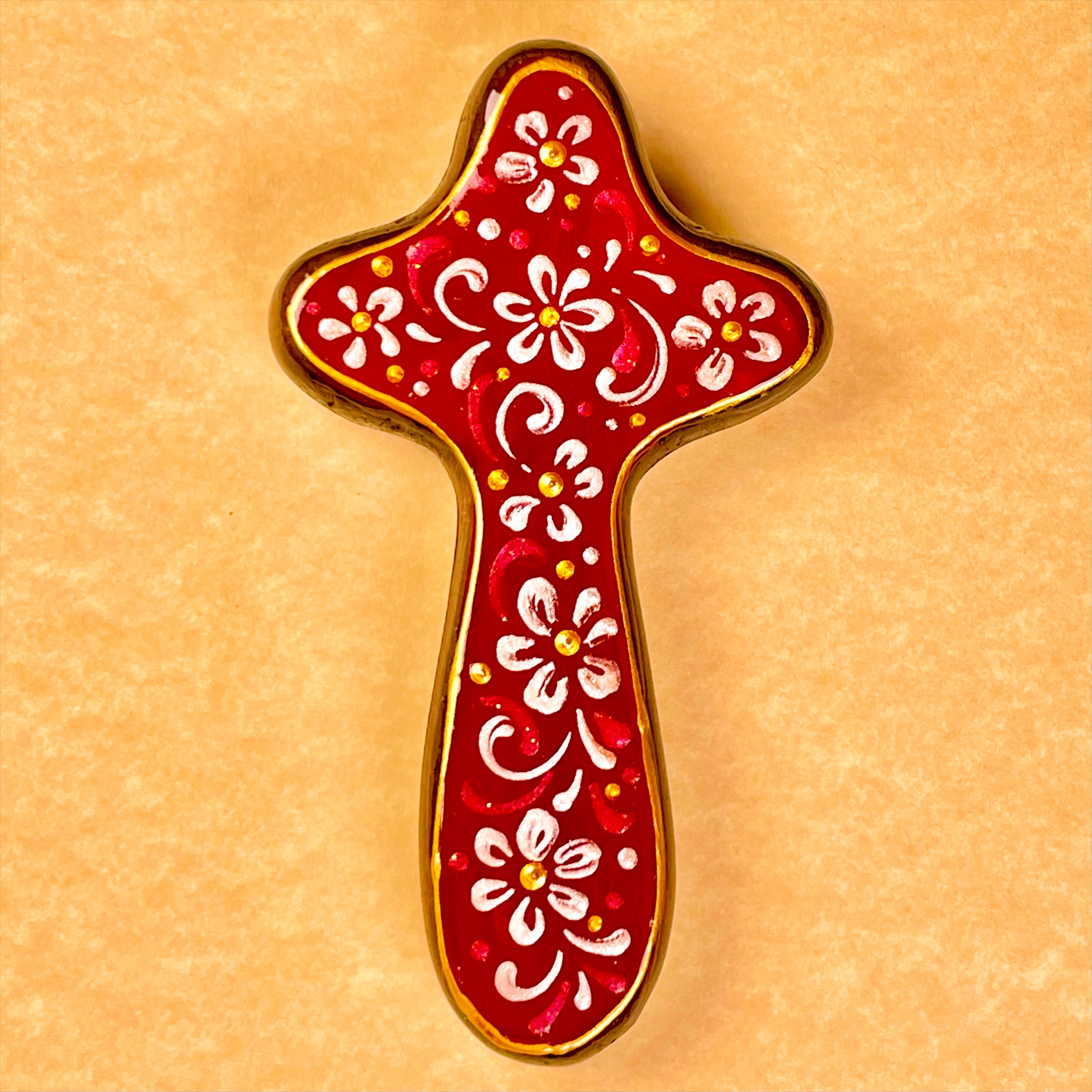 Palm Cross "Floral White on Red" - Wooden Holding Cross