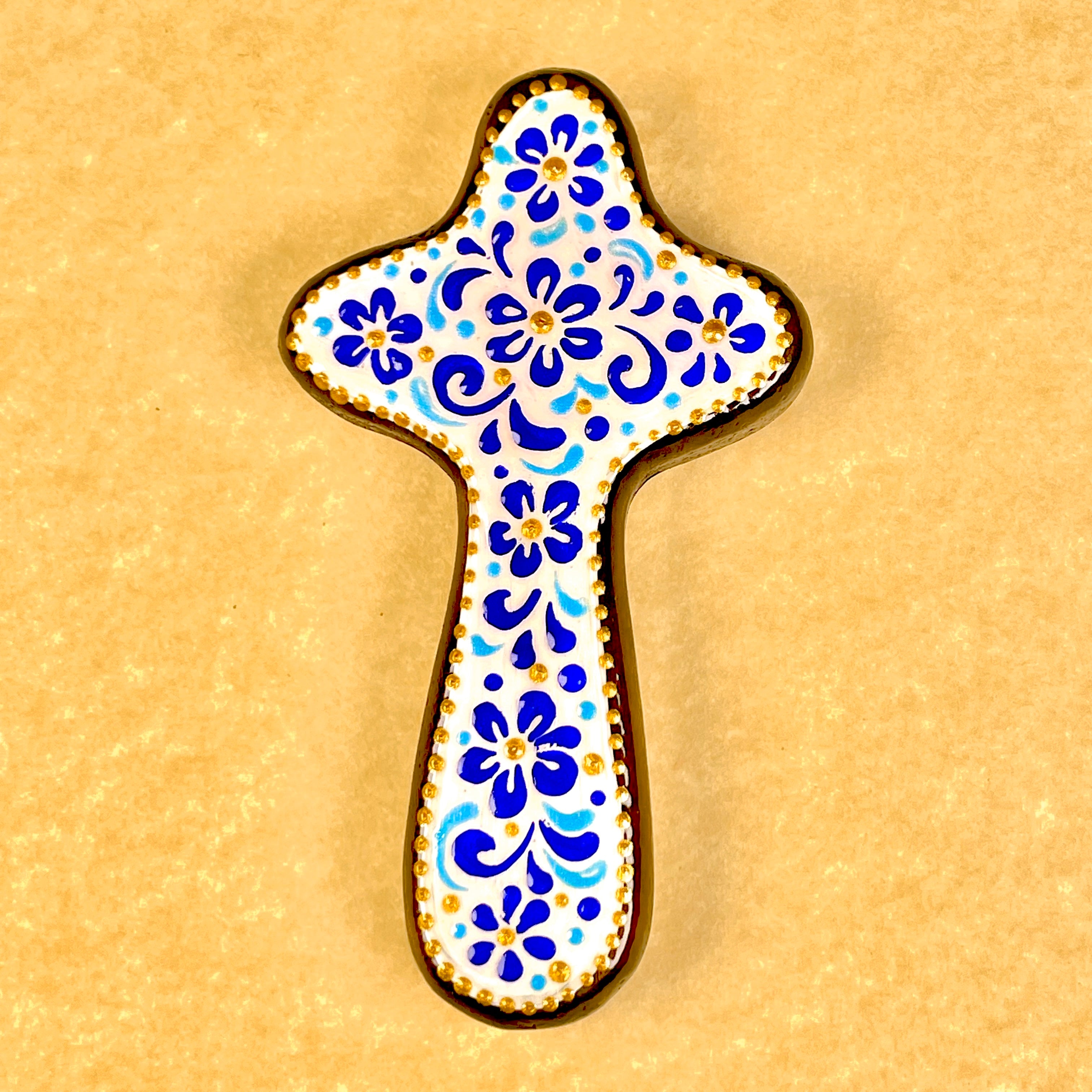 Palm Cross "Floral Blue on White" - Wooden Holding Cross