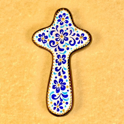 Palm Cross "Floral Blue on White" - Wooden Holding Cross
