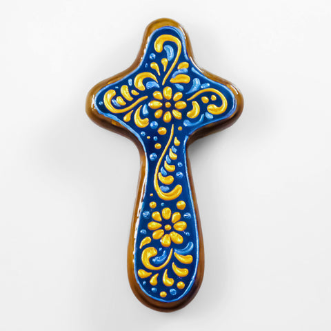 Palm Cross "Floral Gold On Blue" - Wooden Holding Cross
