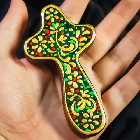 Palm Cross "Floral Gold on Green" - Wooden Holding Cross